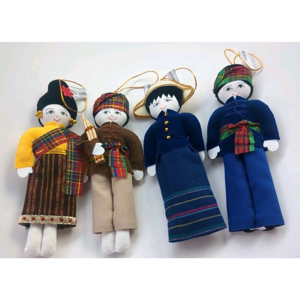 Thailand Doll Christmas Ornaments Traditional Clothing Set Of 4 Handmade